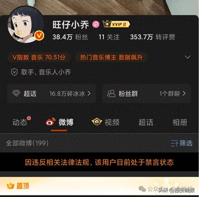 网红“旺仔小乔”微博被禁言、多个平台禁止关注